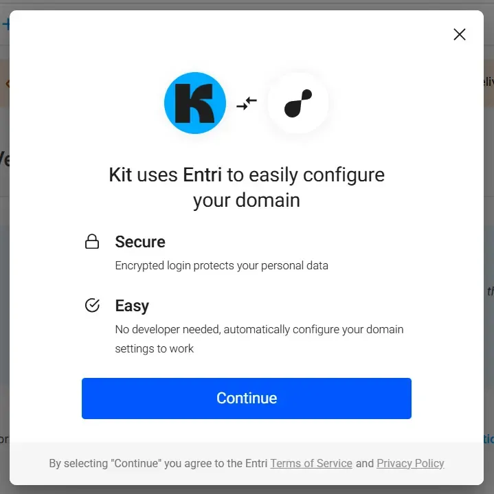 Kit 使用 Entri 自動設定 DNS 的提示視窗