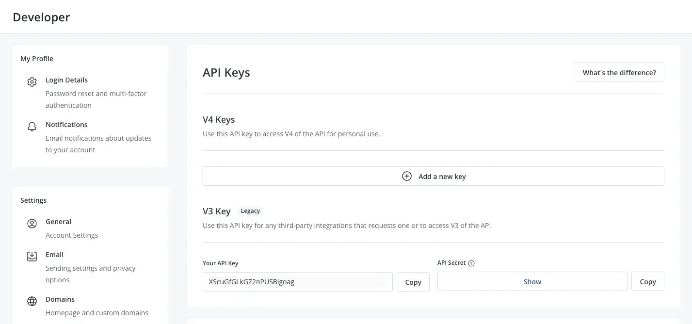Kit Developer 設定頁、顯示 V4 Keys 與 V3 Key(Legacy)兩種 API 金鑰區塊